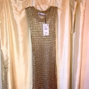 NEW Gold Zara Double Layer Long Mesh Dress size small